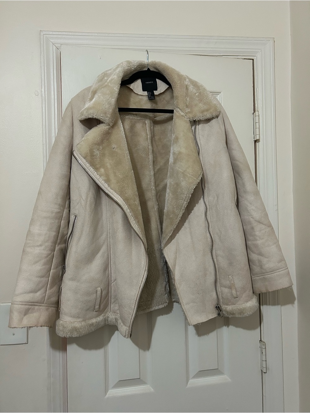 Cream Faux-Shearling Teddy Aviator Jacket